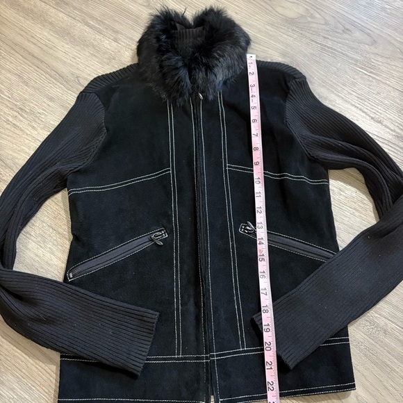 Escapade Suede Zip Jacket Sweater Contrast Stitch Rabbit Fur Collar Black Sz S - Picture 11 of 11